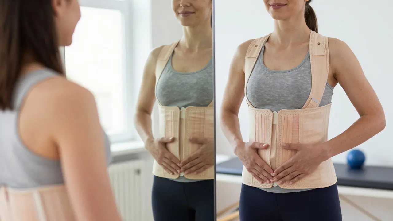 Žena stojí u zrcadla s podpěrným pásem, viditelně zdravá postava.