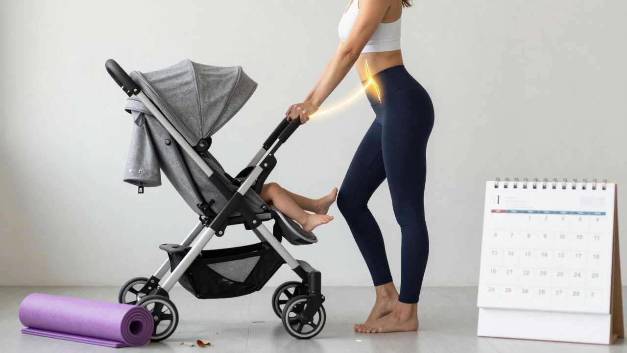 Žena zvedá dítě správnou technikou, s důrazem na stabilitu pánevního dna a břicha.