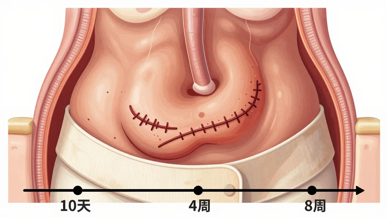 Anatomická ilustrace břicha s hojícími švy a podpěrným korzetem, znázorňující proces zotavení.