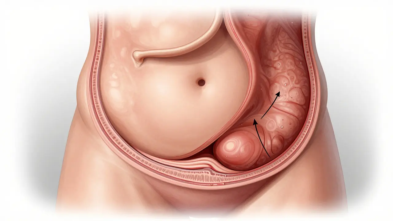 Anatomický náčrt břicha s hernií a diastázou způsobenou visící kůží, označené infekční oblasti.