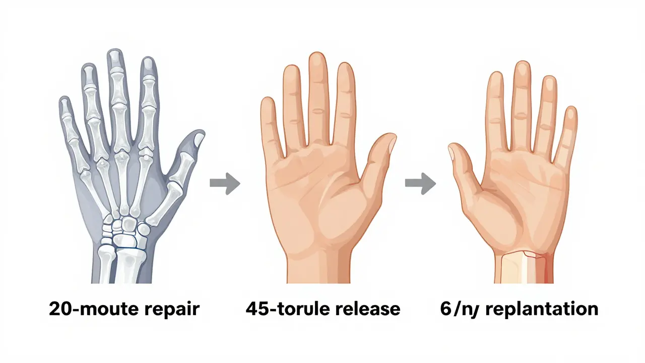 Časový přehled různých operací ruky od 20 minut do 6 hodin.