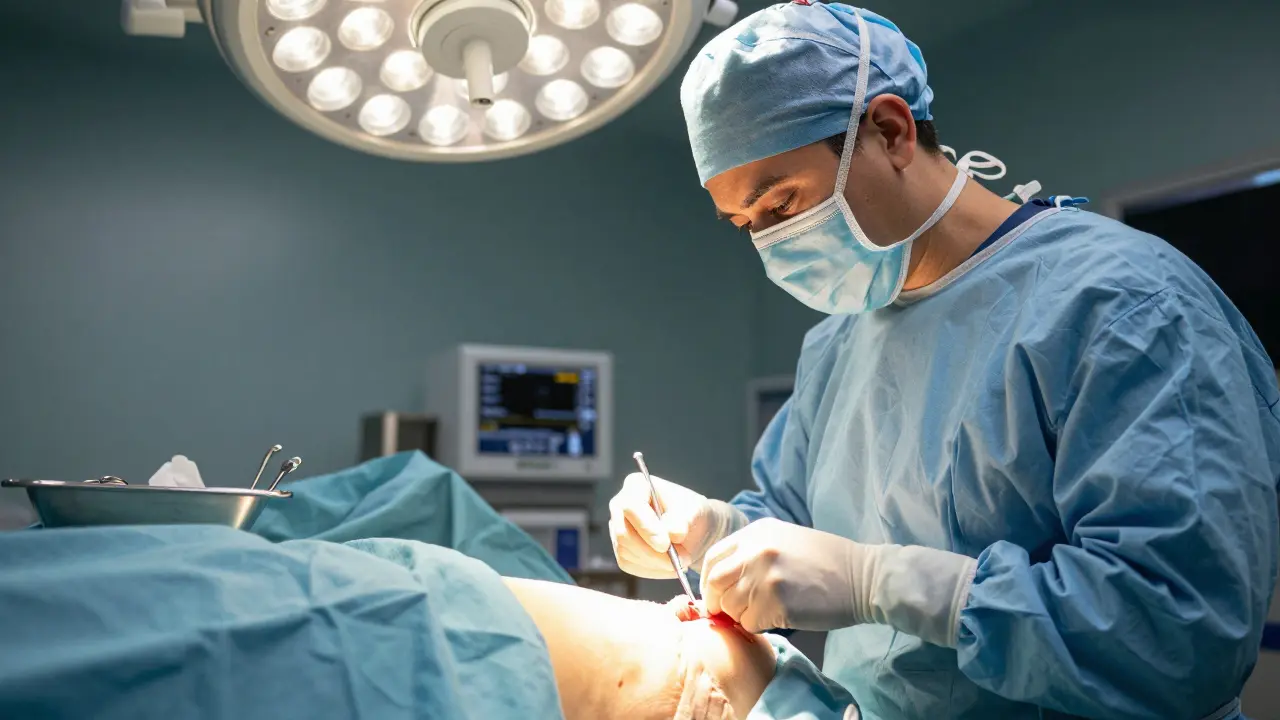 Chirurg během abdominoplastiky odstraňuje převislou kůži z břicha v operačním sále.