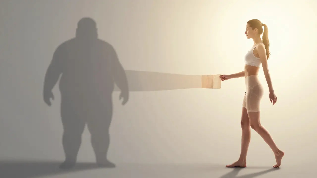 Dvoučástný obraz: před a po liposukci, symbolizující přechod od otoků k vyhlazenému tvaru těla.