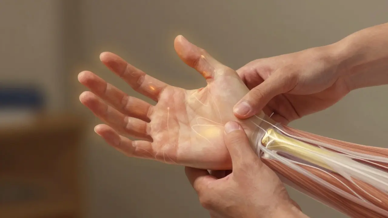 Fyzikální terapie ruky, prsty se pomalu pohybují, viditelné signály hojení