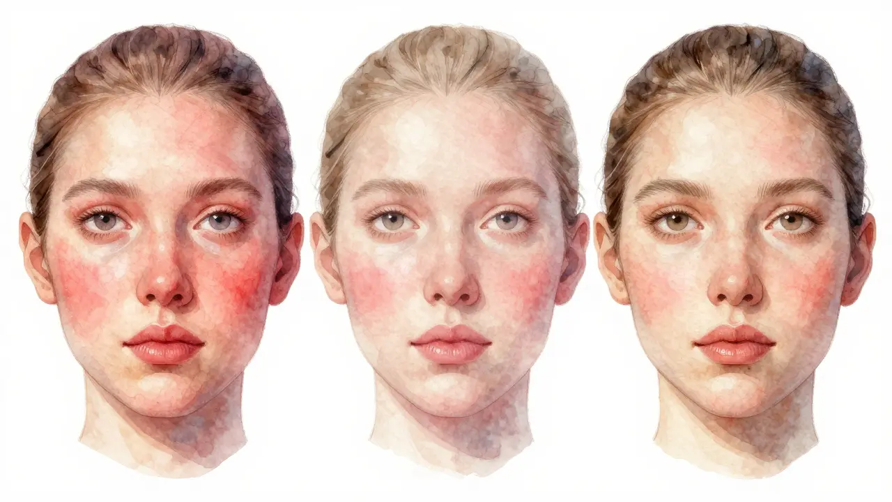 Ilustrace postupného hojení obličeje: od jasné červenosti přes růžovou stínování k téměř normální kůži v průběhu 12 týdnů.