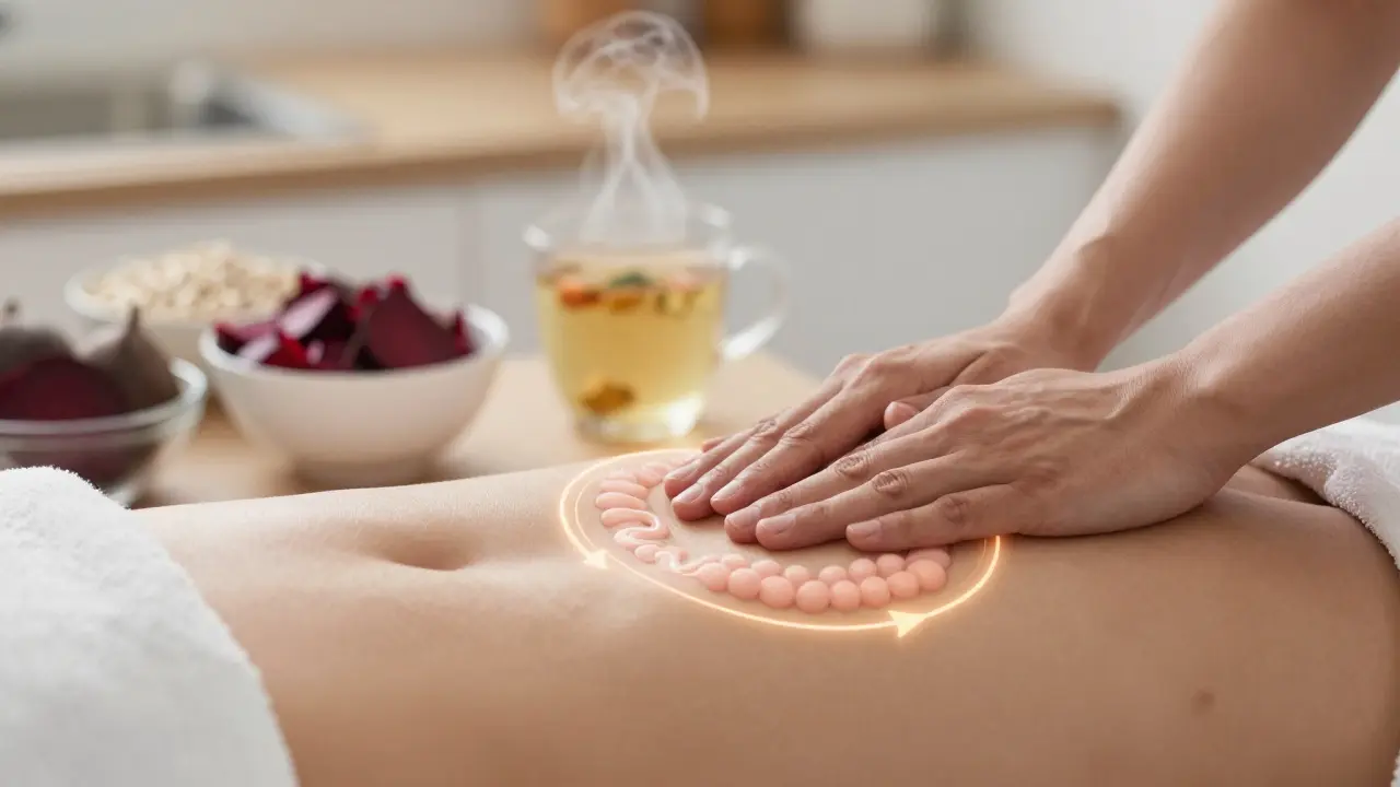 Jemná masáž břicha po směru hodinových ručiček s přirozenými potravinami na pozadí.