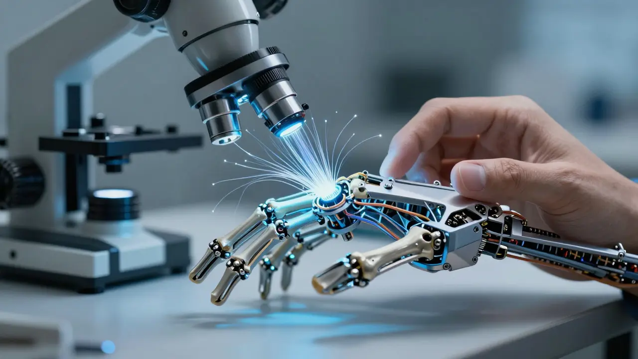 Koncepční znázornění ruky jako složitého mechanismu při rekonstrukci.