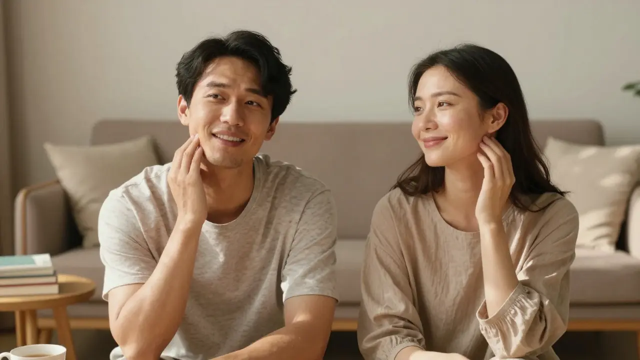 Muž a žena v klidném domácím prostředí s přirozeně omlazeným výrazem obličeje.