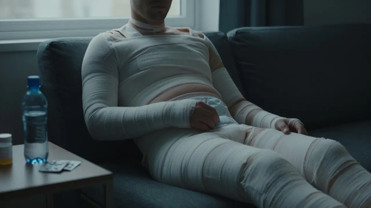 Osoba v kompresním oblečení odpočívá s chladnými obklady na břiše během rekonvalescence.