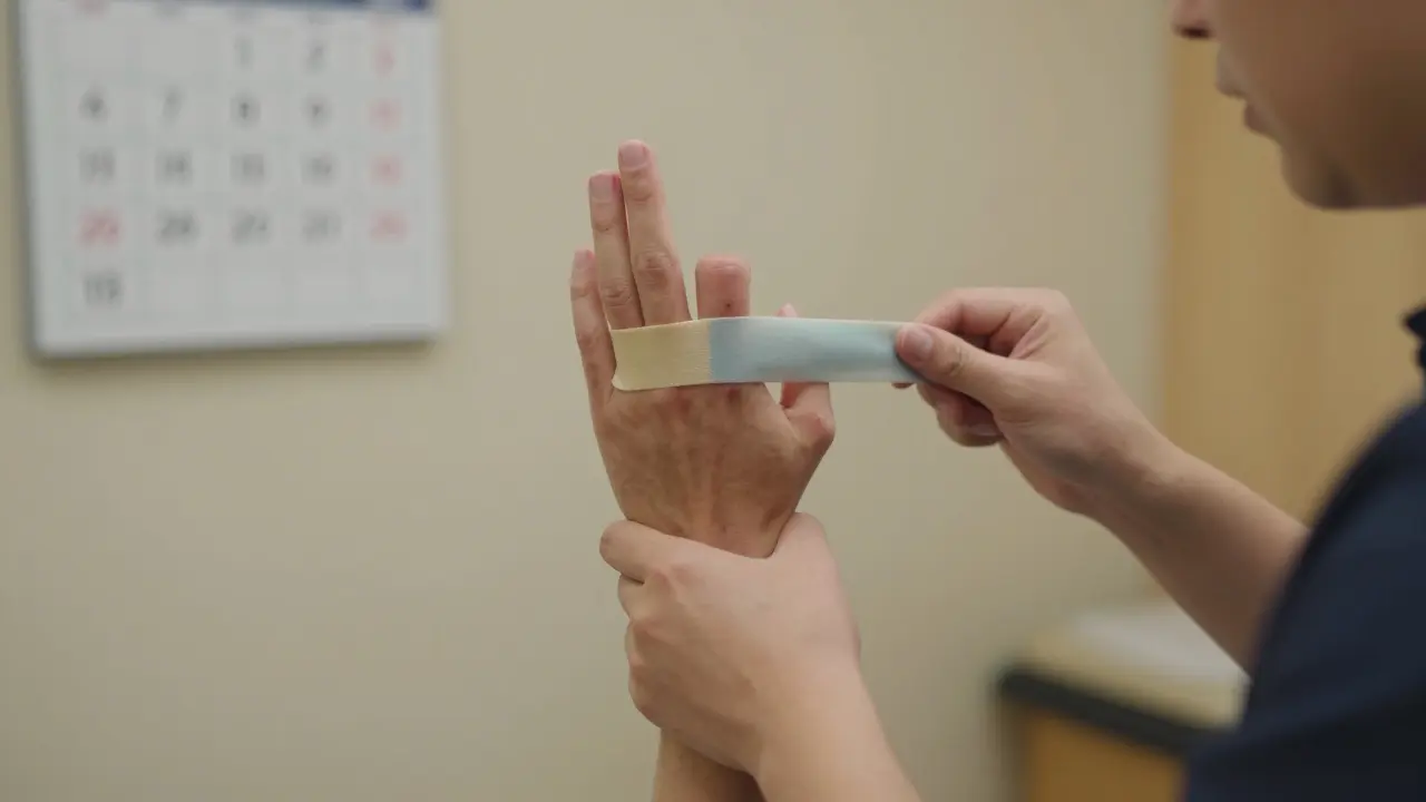 Pacient provádí jemné cvičení ruky pod dohledem fyzioterapeuta v rehabilačním prostředí.