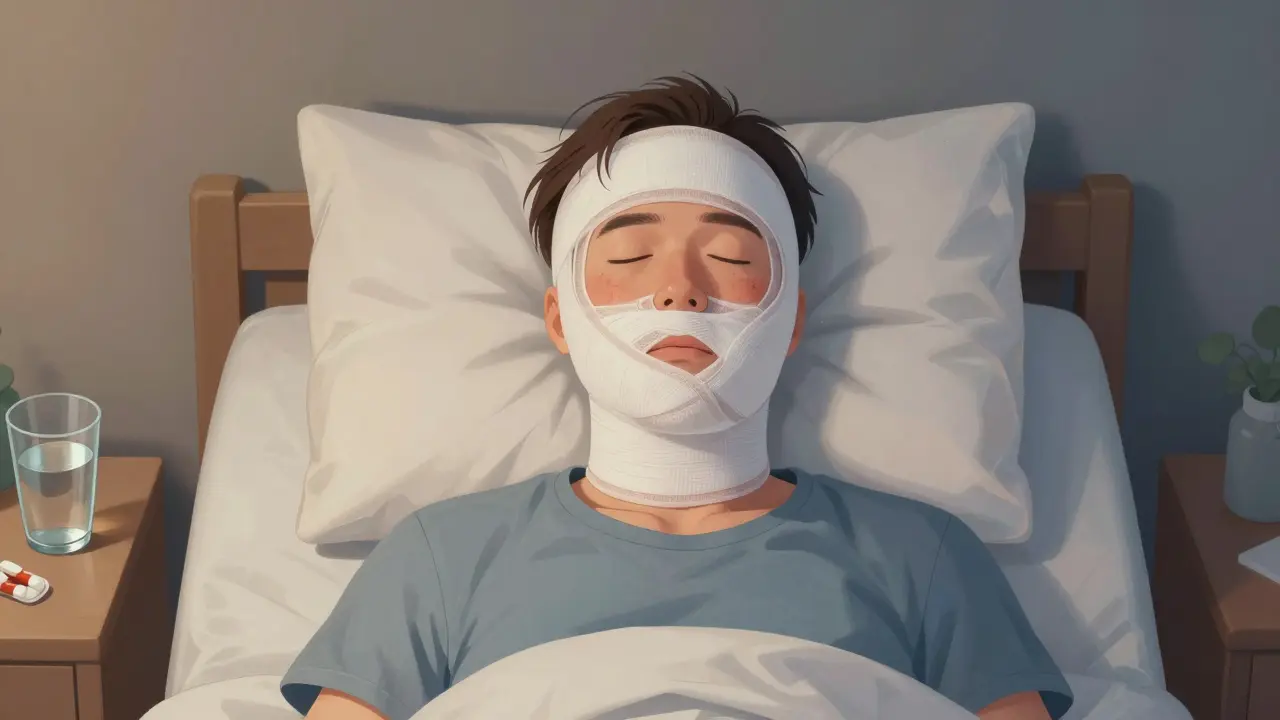 Pacient s kompresním obvazem na obličeji odpočívá s hlavou zvednutou.