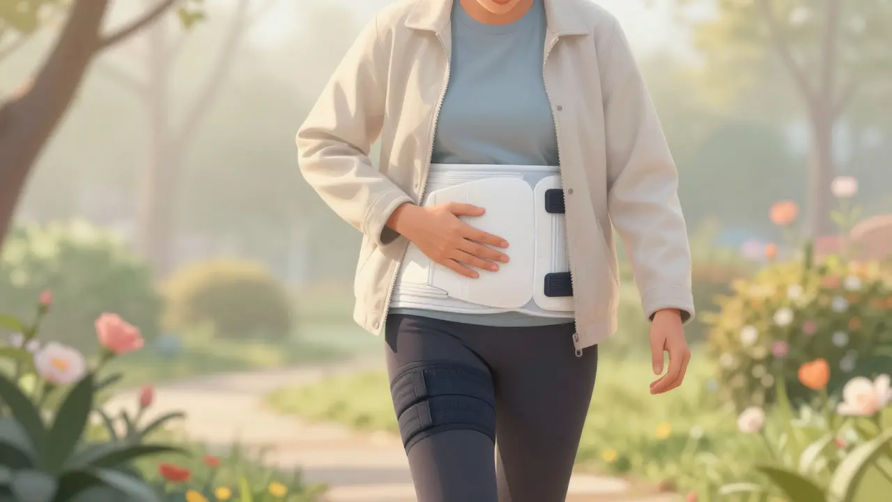 Pacientka pomalu prochází zahradou v rané fázi zotavení, drží si břicho rukou.