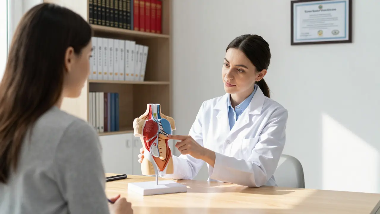 Plastický chirurg v klinice vysvětluje pacientce abdominoplastiku pomocí anatomického modelu.