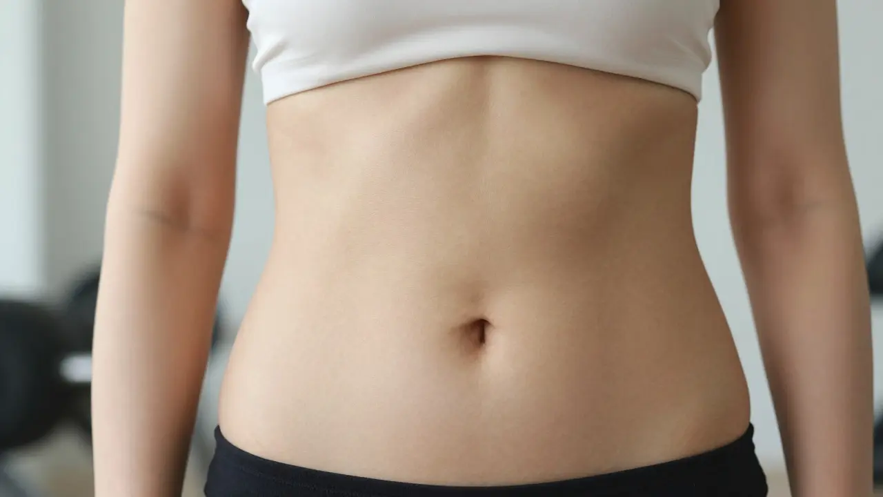 Přirozený výsledek břicha po roce liposukce s hladkým konturem.