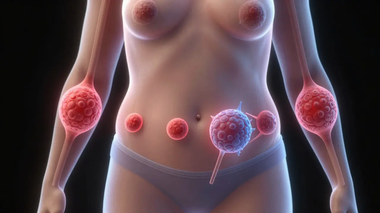 Průhledný náčrt těla s odstraněnými tukovými buňkami na břiše a jejich přerozdělením na zádech a pažích.