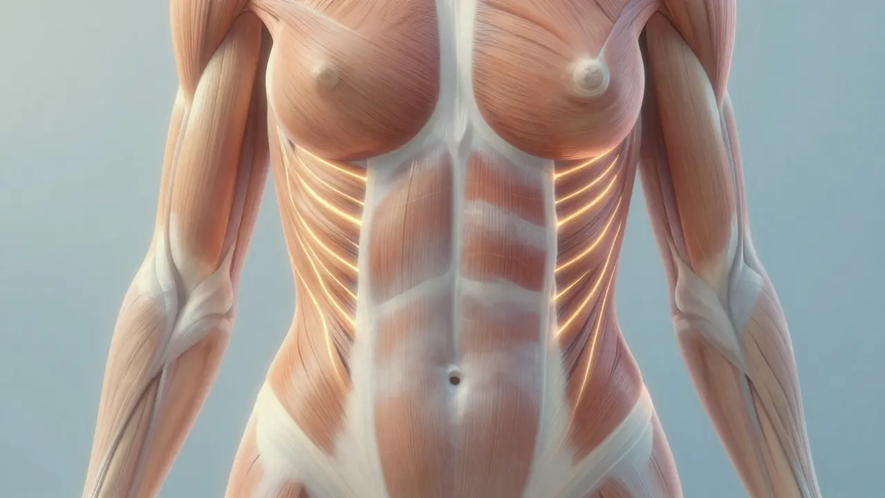 Průřez těla ukazující rozestup břišních svalů a aktivovaný příčný sval břicha.