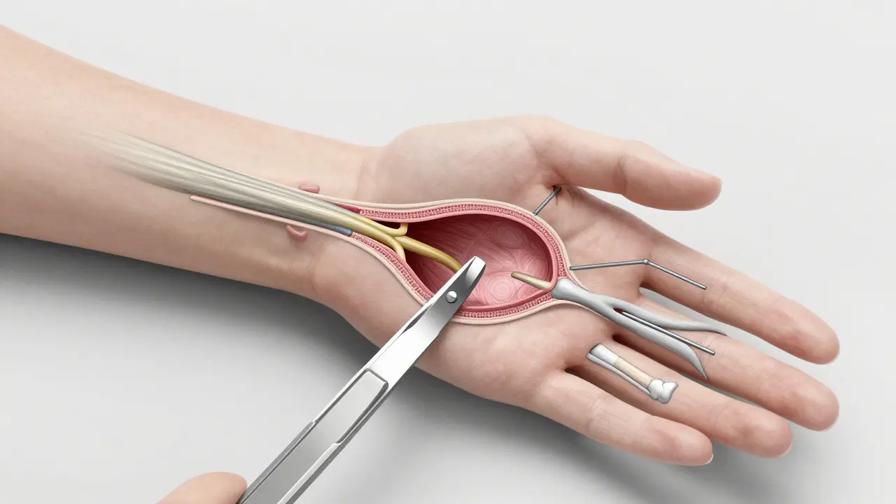 Průřez zápěstí ukazující stlačený mediální nerv a přeříznutý vaz při operaci.