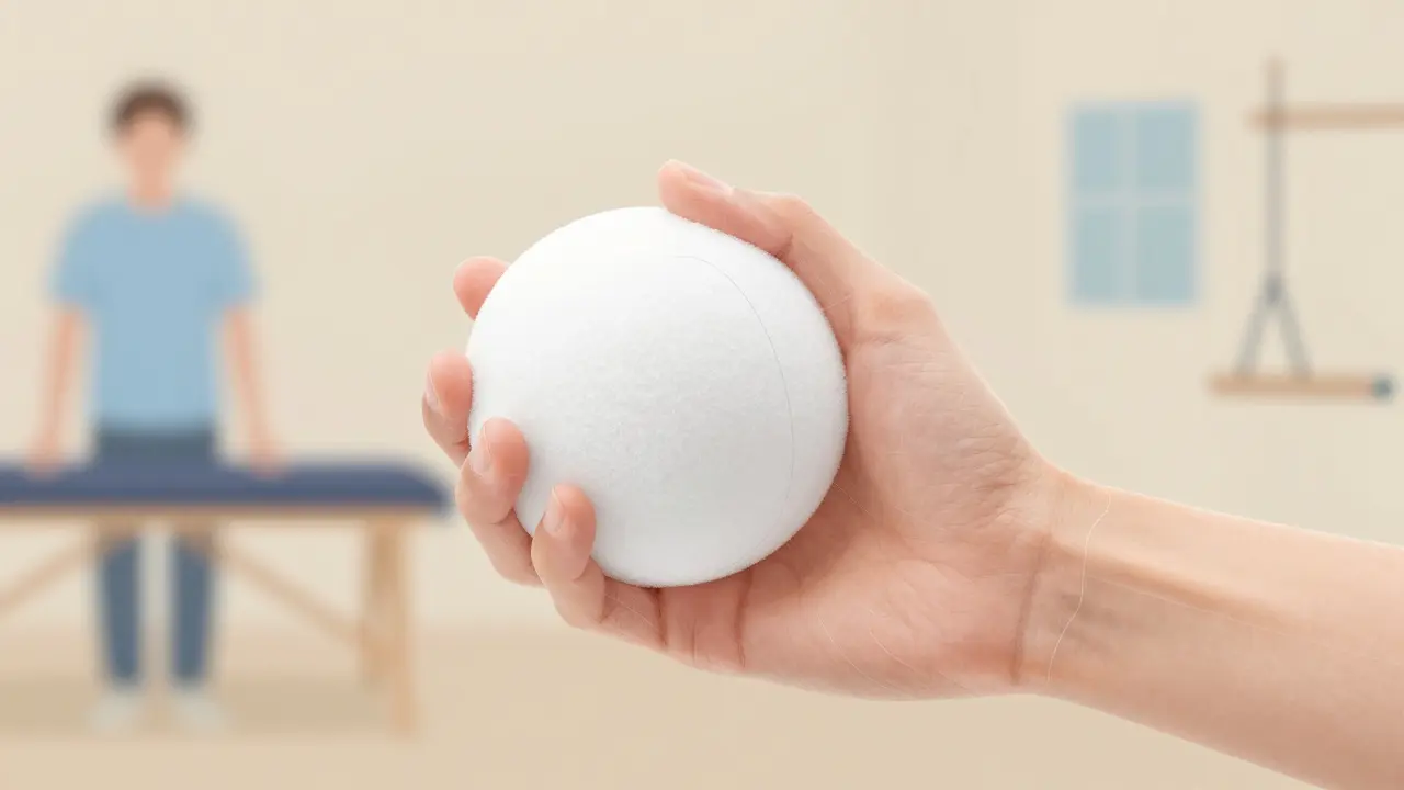 Ruka jemně tlačí měkký pěnový míček během rané fáze rehabilitace.