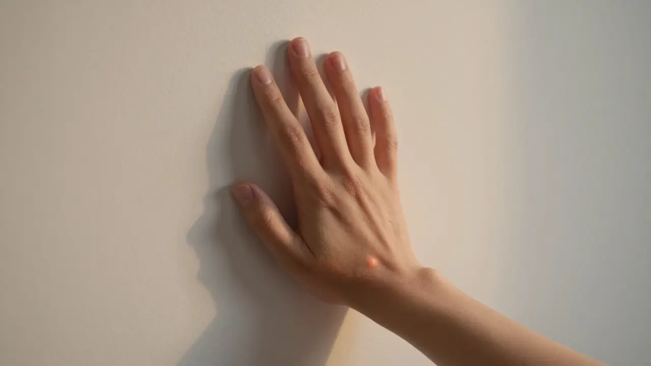 Ruka se pomalu přitlačuje ke zdi pro obnovu pohyblivosti zápěstí.