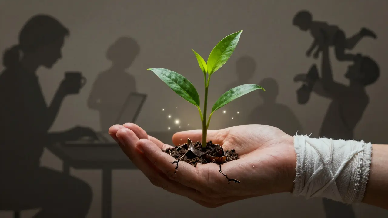 Ruka vycházející z prasklé skořápky, s růstky a světlem, symbolizující zotavení