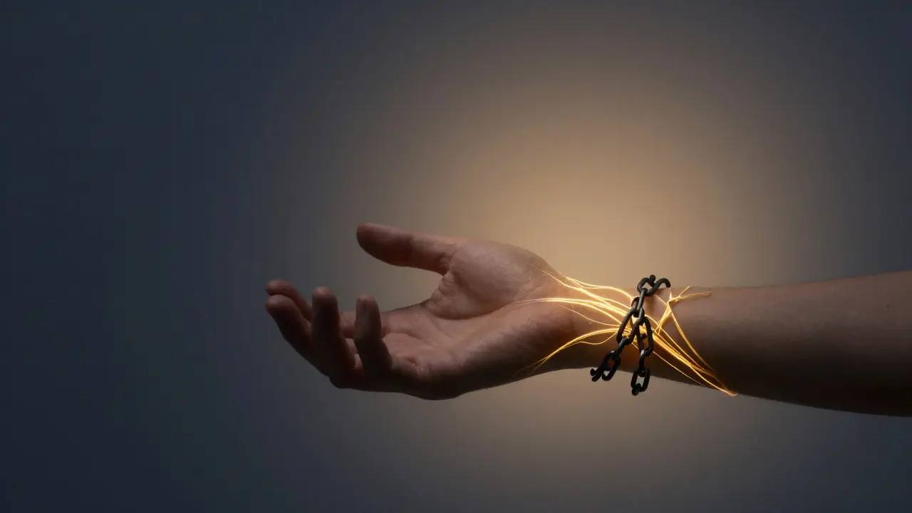 Ruka vystupující z temnoty do světla, symbolizující uvolnění stlačeného nervu.