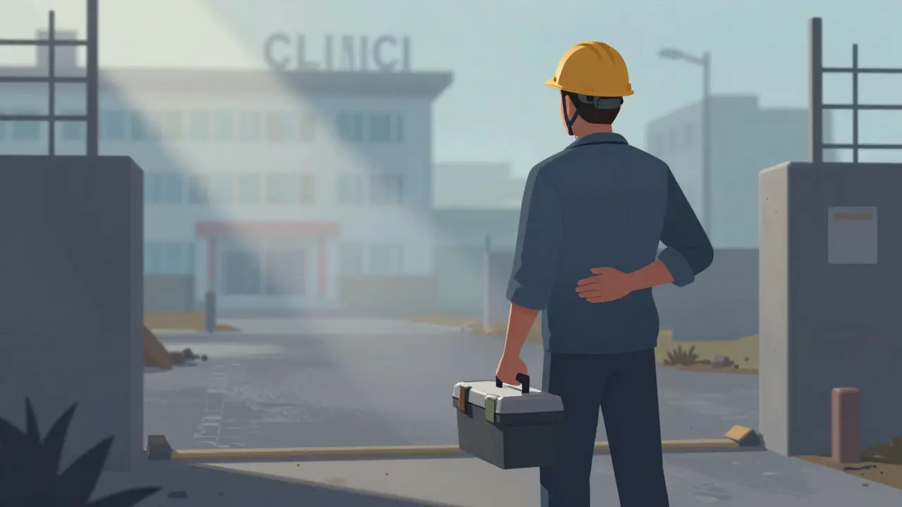 Stavební dělník stojí u brány, drží lehkou tašku, pohled směřuje k nemocnici.