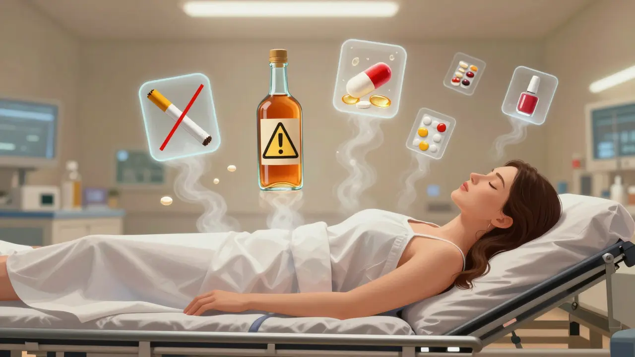 Symbolická scéna s odstraňovanými nebezpečnými látkami před operací prsou v klidném chirurgickém prostředí.