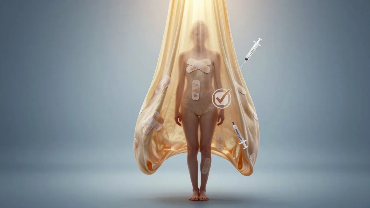 Symbolický obraz osvobození od přebytku kůže, přeměňujícího se na lékařské symboly zdravotního pojištění.