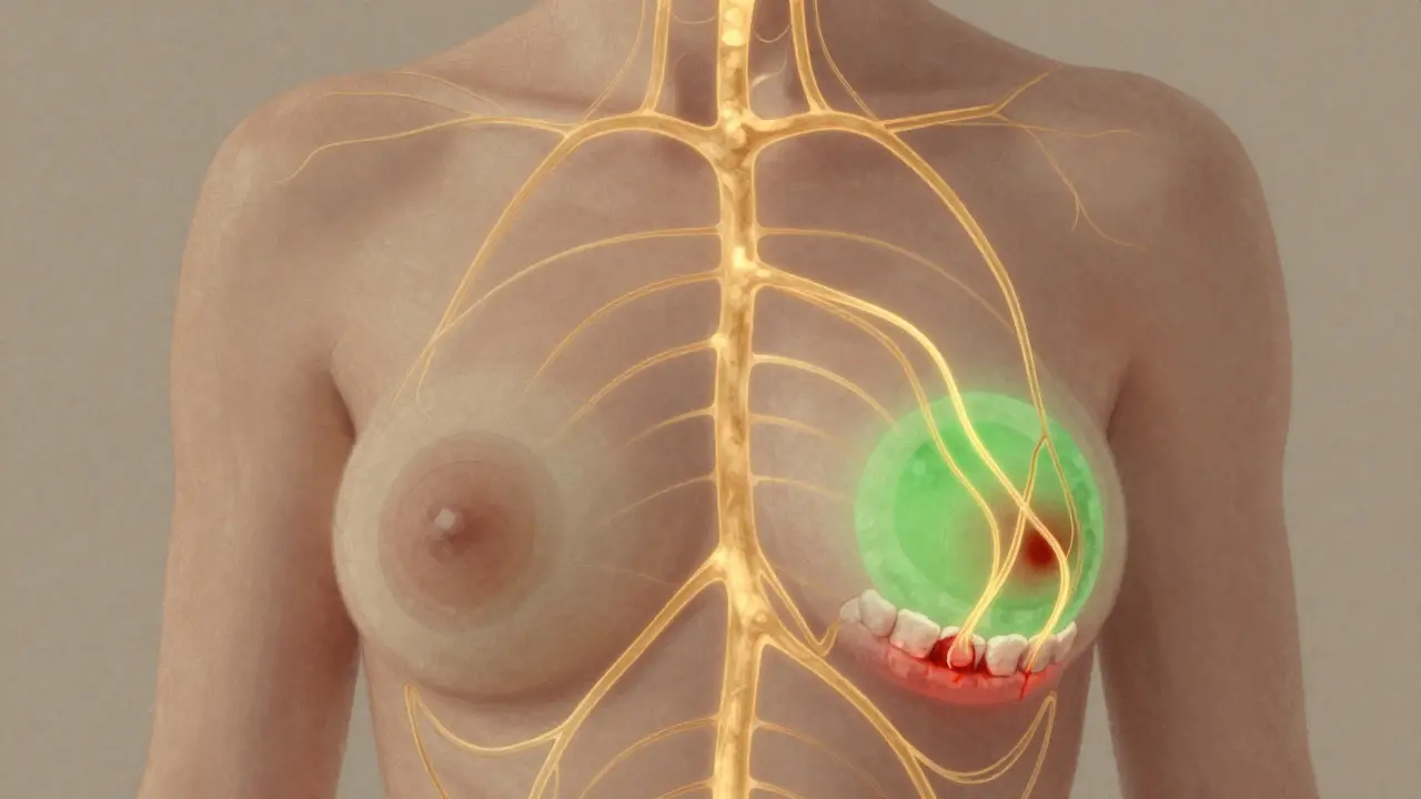 Translukentní tělo s vykreslenými cestami hojení mezi prsy a dásněmi.