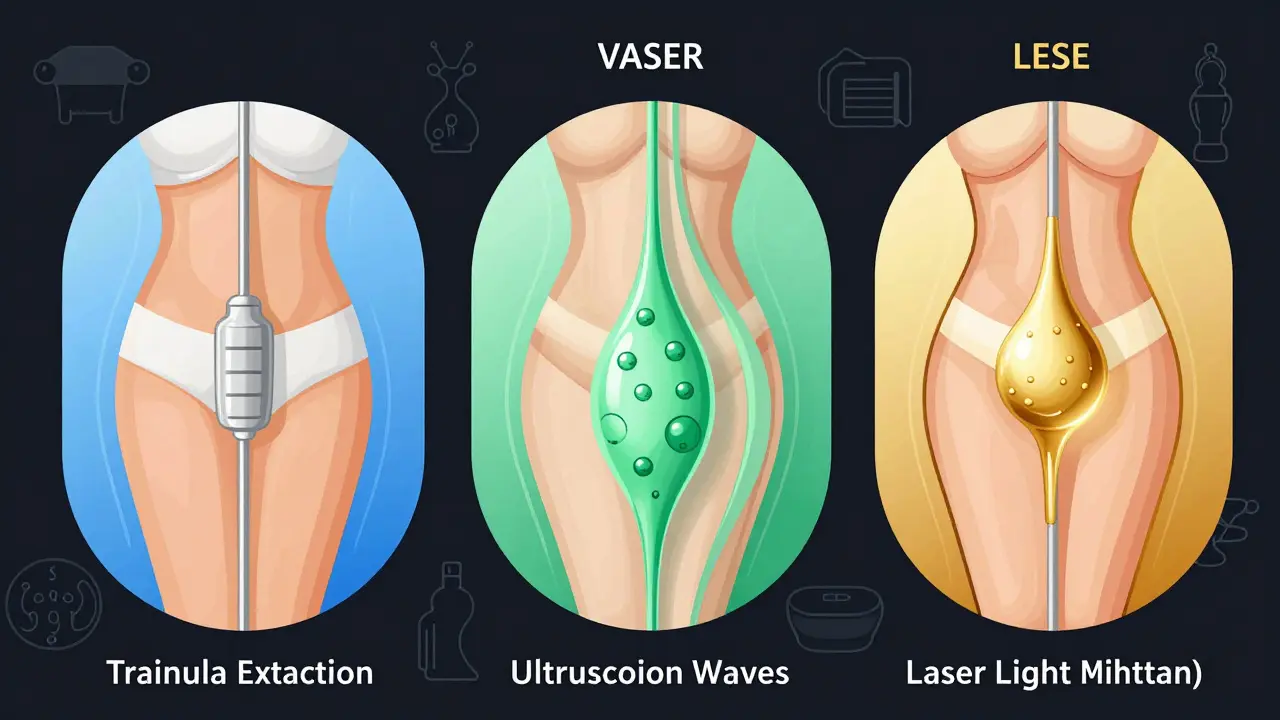 Tři techniky liposukce: tradiční, VASER a laserová, znázorněny v kruhových panelech s vlnami energie.