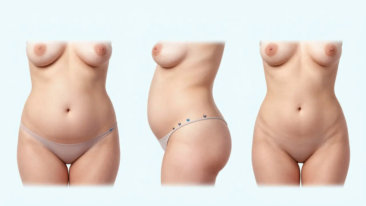 Tři varianty břicha: před operací, po liposukci a po úplné abdominoplastice, srovnání v medikálním stylu.