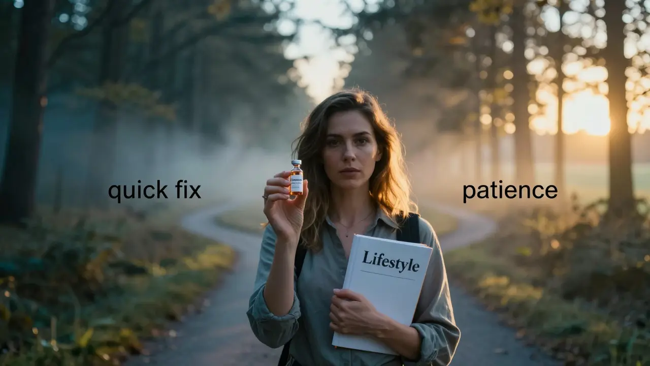 Žena drží lahvičku s liposukcí a deník, stojí na cestě s dvěma směry.