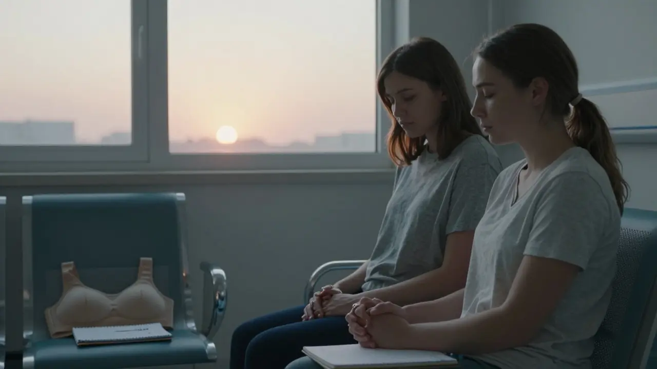 Žena drží ruku blízké osoby v čekárně nemocnice před operací prsou, za nimi vycházející slunce.