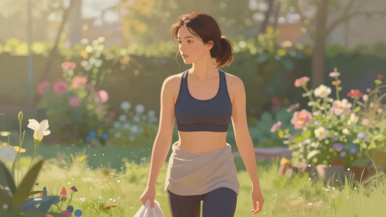 Žena pomalu prochází zahradou třetí týden po operaci, drží lehký batoh a vypadá klidně.