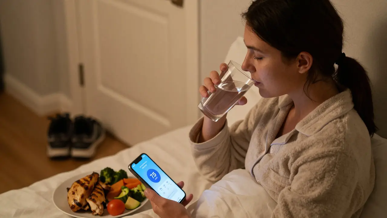 Žena před spaním pije vodu, vedle ní zdravá jídla a obuv na chůzi, klidné osvětlení.