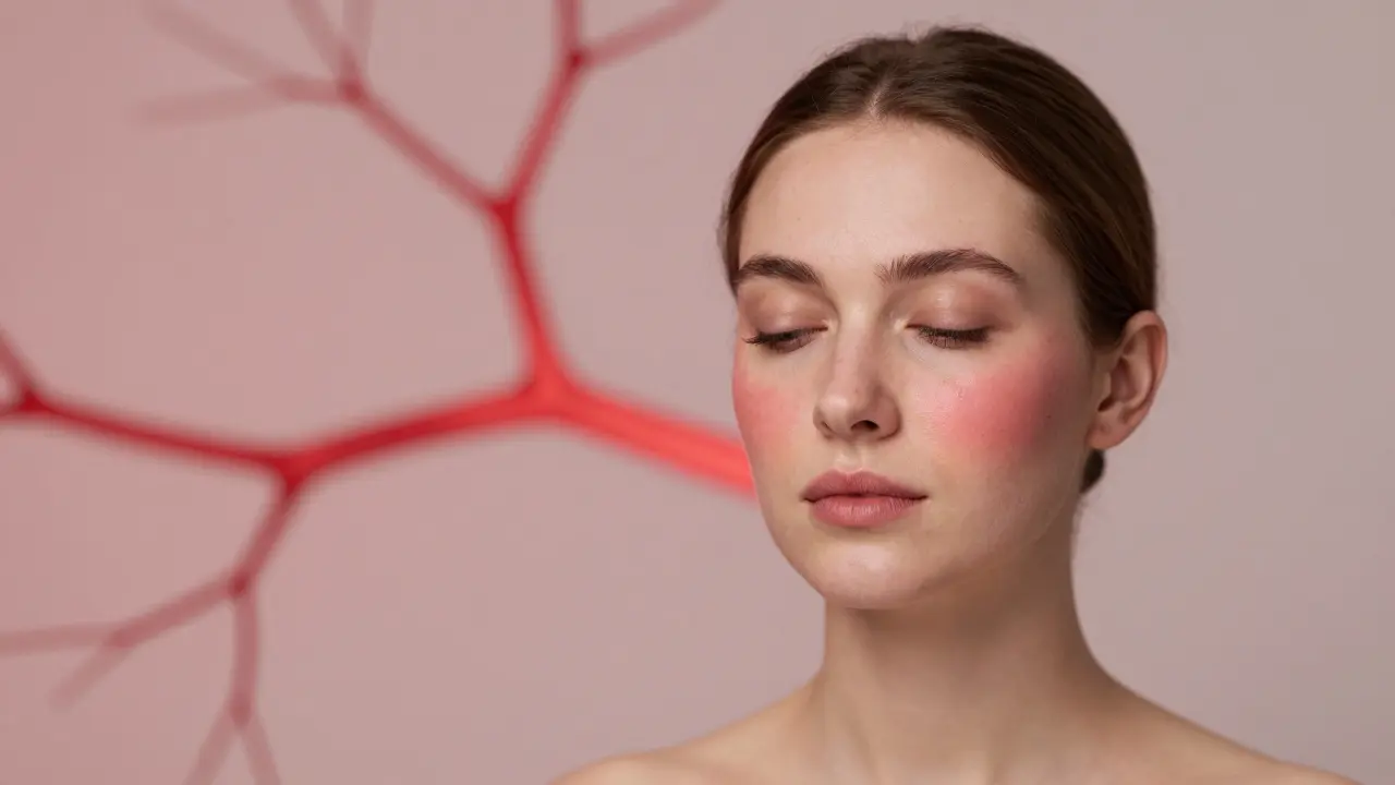 Žena s jemným červenáním obličeje, osvětlená jemným laserovým paprskem, symbolizujícím léčbu a obnovu kůže.