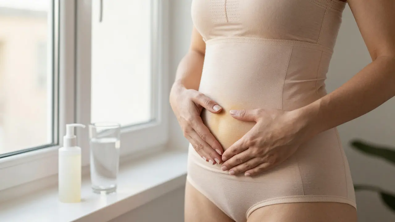 Žena s jemnými zbytky modřin po liposukci, dotýká se břicha při světle zářícím okně, nosí kompresní oblečení.