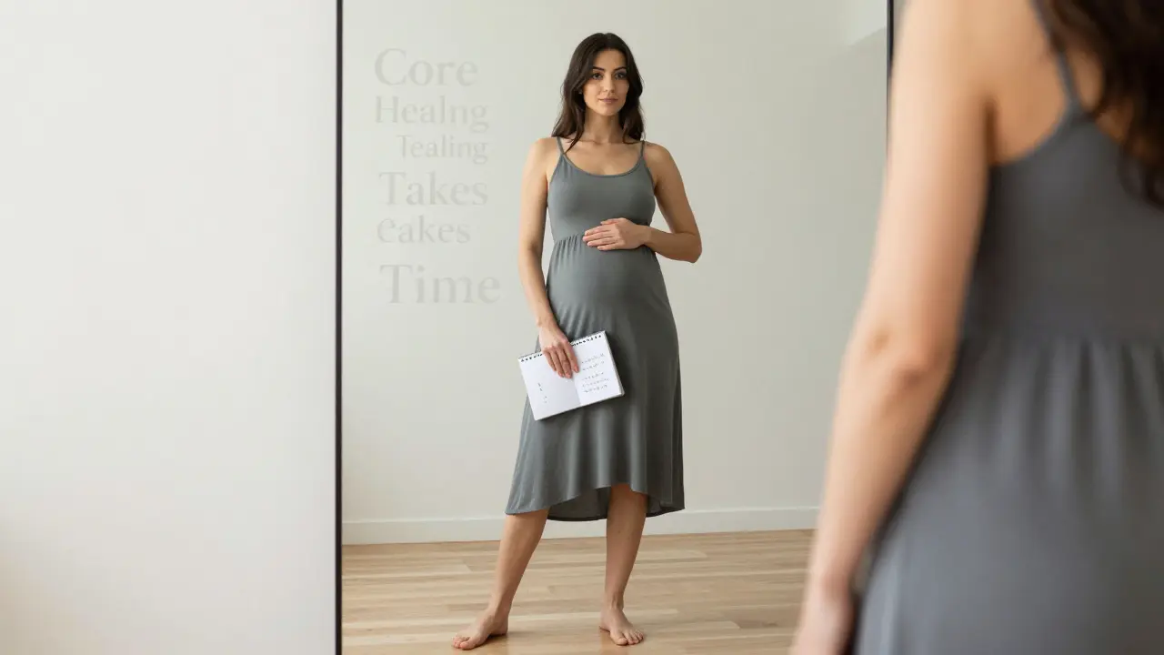 Žena se dívá do zrcadla a dotýká se břicha, v pozadí náznak motivace.