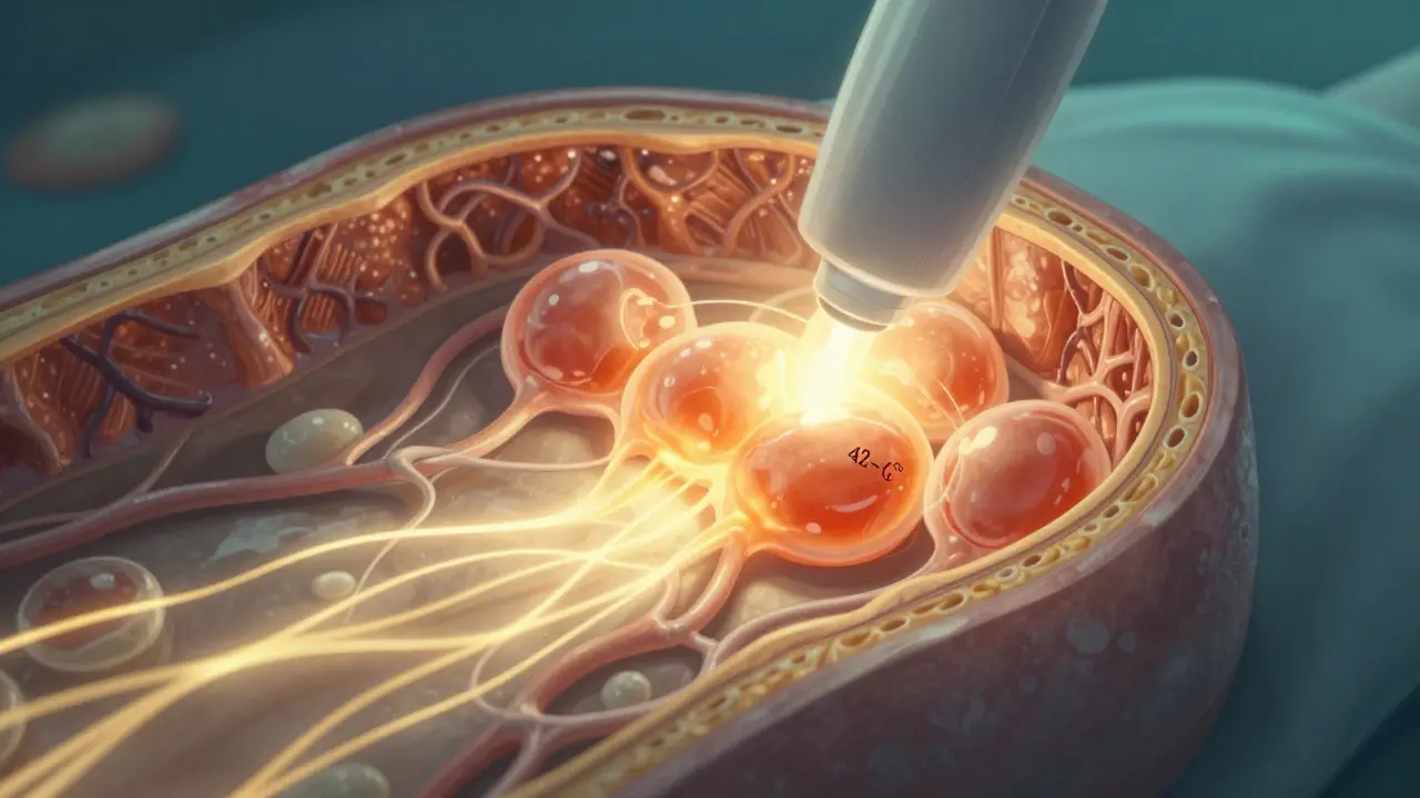 Zvětšený pohled na tukové buňky roztavující se pod laserem a uvolňující tuk do lymfatických cév.