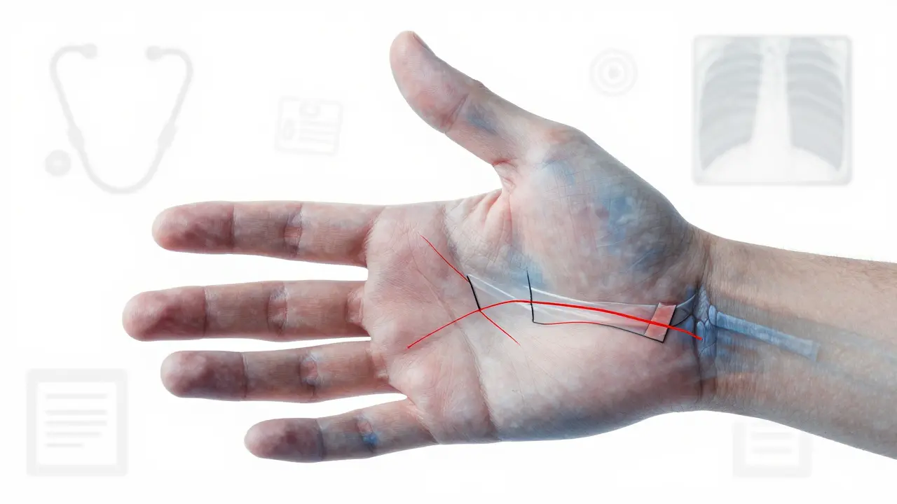 Anatomická ilustrace ruky s třemi typy zlomenin kostí v jemných červených čarách.