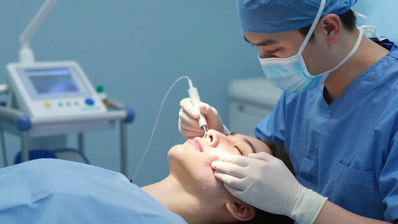 Chirurg provádí liposukci pod bradou pomocí tenké trubice, pacient leží klidně během procedury.