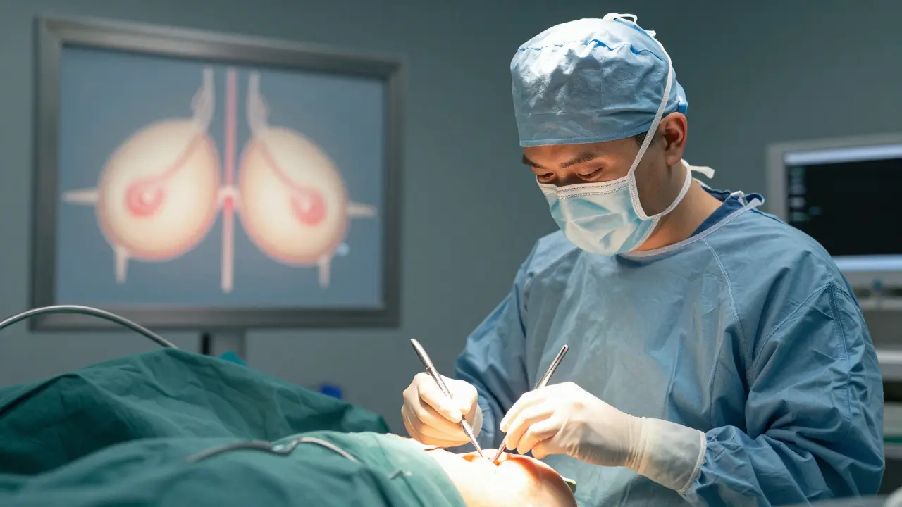 Chirurg provádí redukční mammoplastiku s důrazem na přesnost a péči.