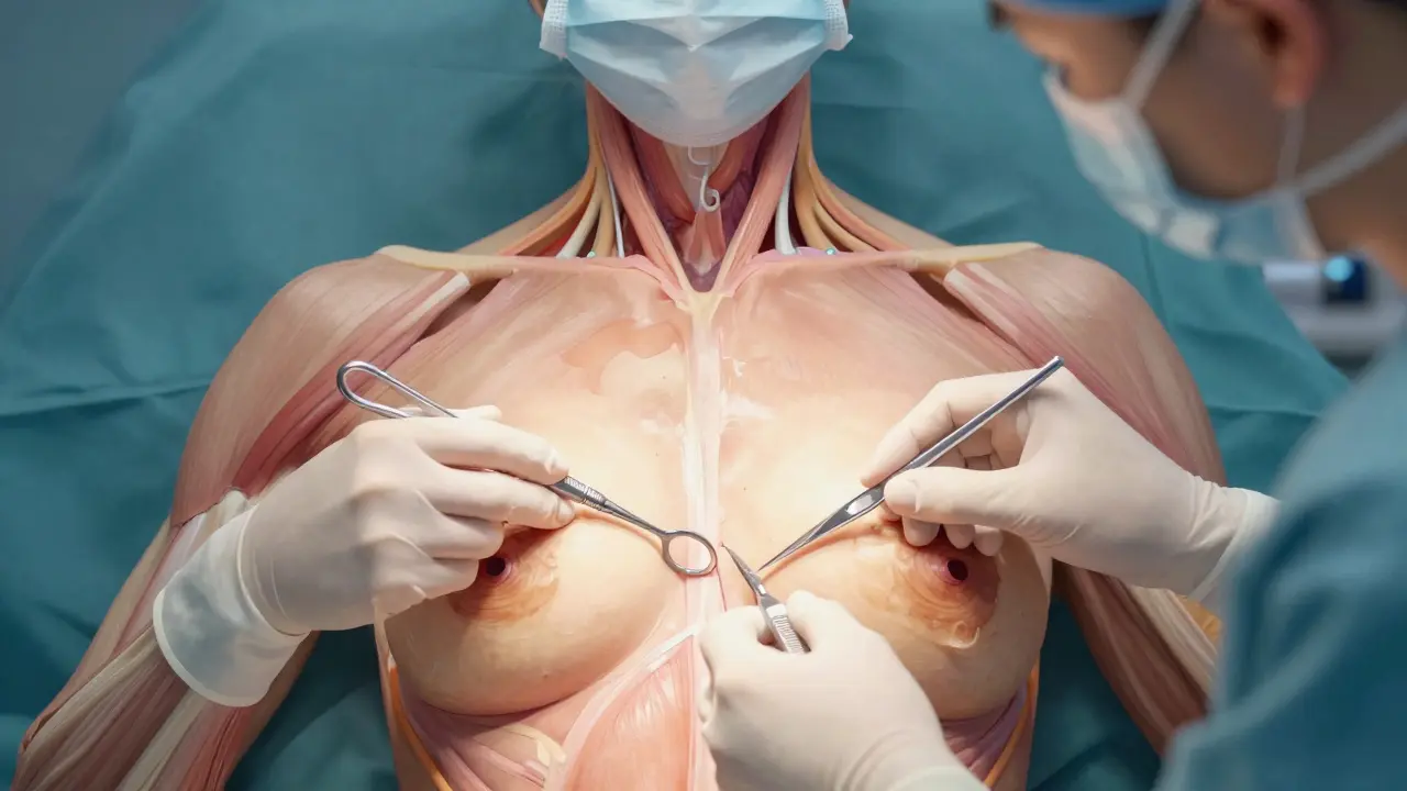 Chirurg provádí zmenšení prsou s přesným přemístěním bradavky a odstraněním přebytku tkáně.