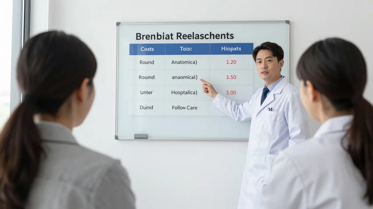 Chirurg v klinice vysvětluje pacientce složení nákladů na výměnu implantátů.