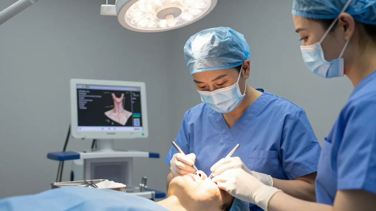 Chirurg značí oblast pod bradou pro liposukci v klinice.