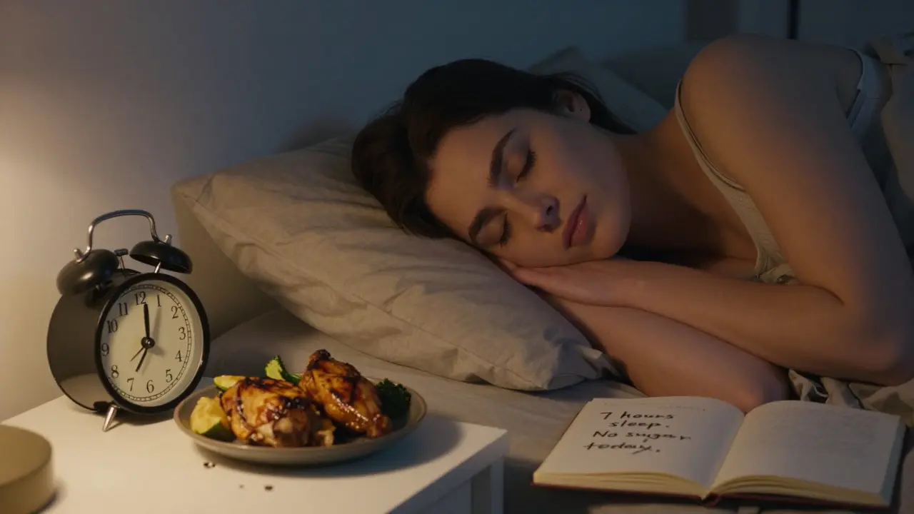 Člověk spí v klidu, na nočním stolku je jídlo a poznámka o spánku