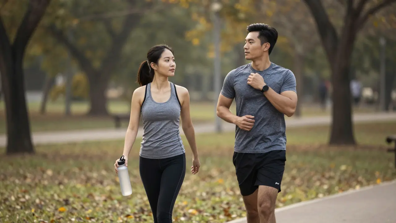 Dva lidé kráčí rychle v parku při šero, v rukou voda.