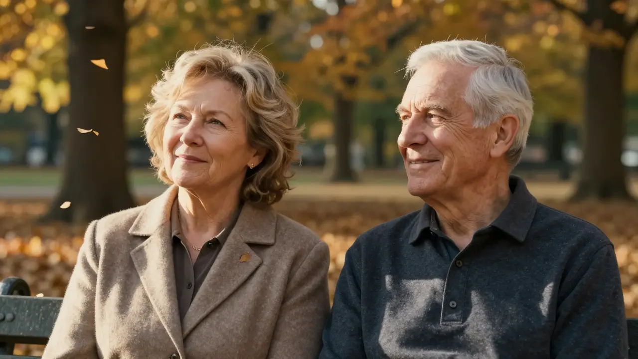 Dva starší lidé sedí na lavičce a smějí se, jejich obličeje mají přirozeně zlepšené kontury.