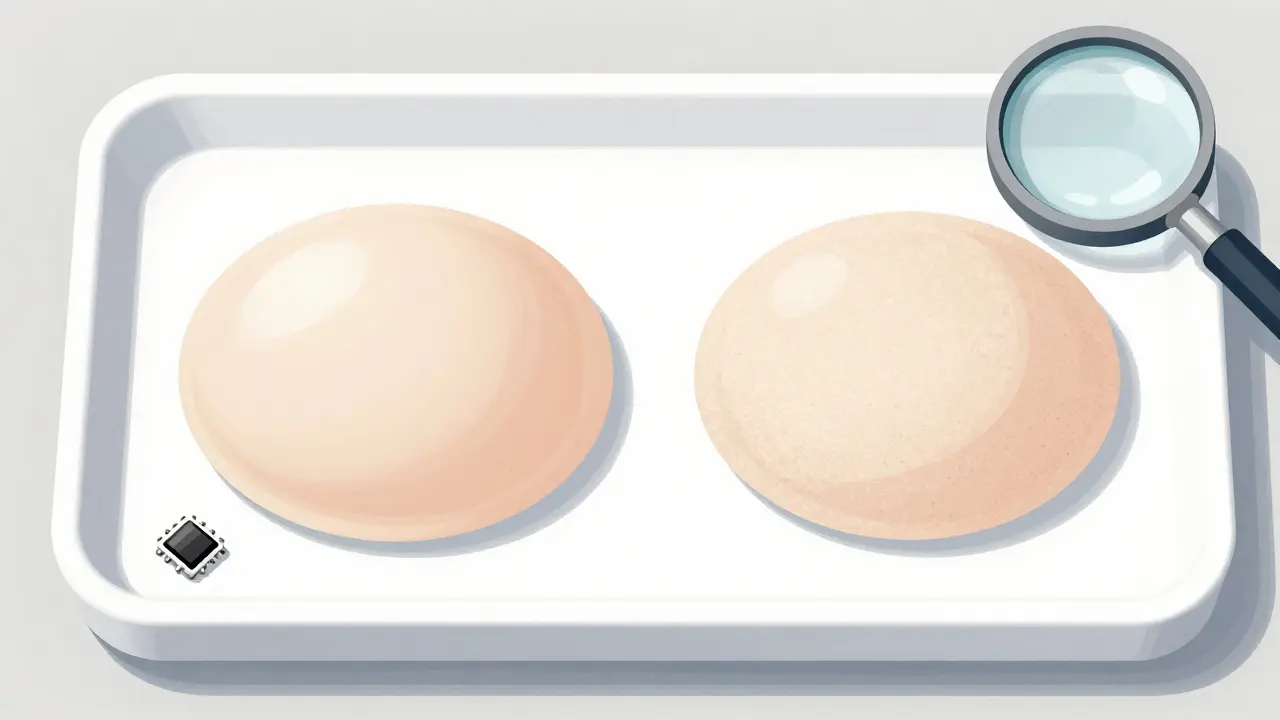 Dva typy prsních implantátů s hladkým a texturovaným povrchem vedle sebe na klinickém podložce.