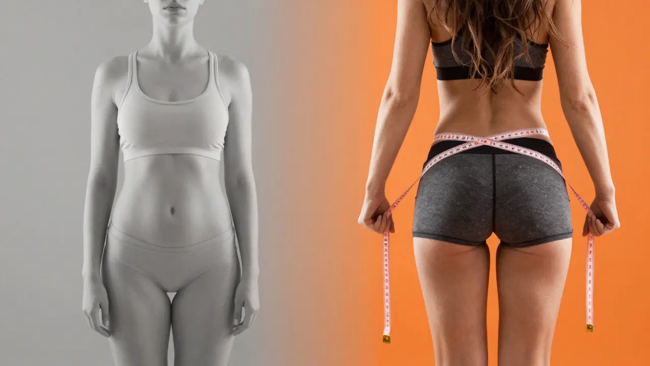 Dvě strany jedné ženy: před a po transformaci zadku díky tréninku a výživě.